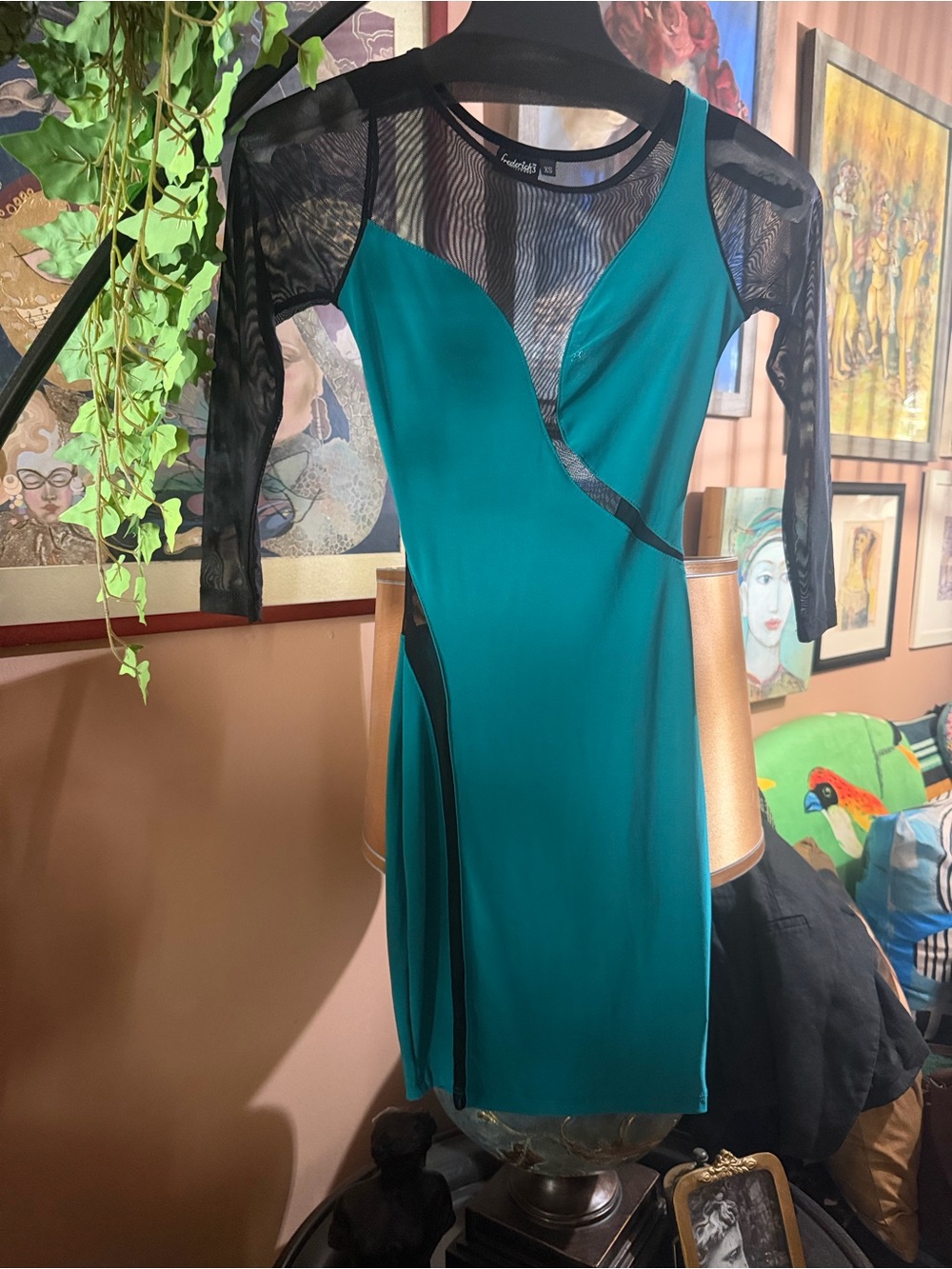 Frederick's of Hollywood Black Sheer Bodice Teal Mini Dress
